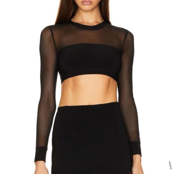 Norma Kamali Black Mesh Long Sleeve Jersey Crop Top Medium - Picture 1 of 6
